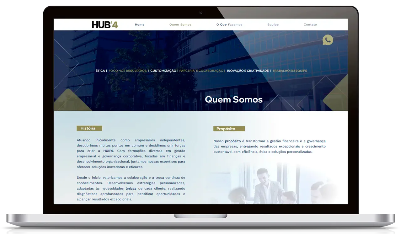 Página Quem Somos do site da HUB4 exibida em um laptop